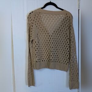 Open-Knit Tan Sweater Lace Open Front Buttons Long Sleeve Shaw Cardigan